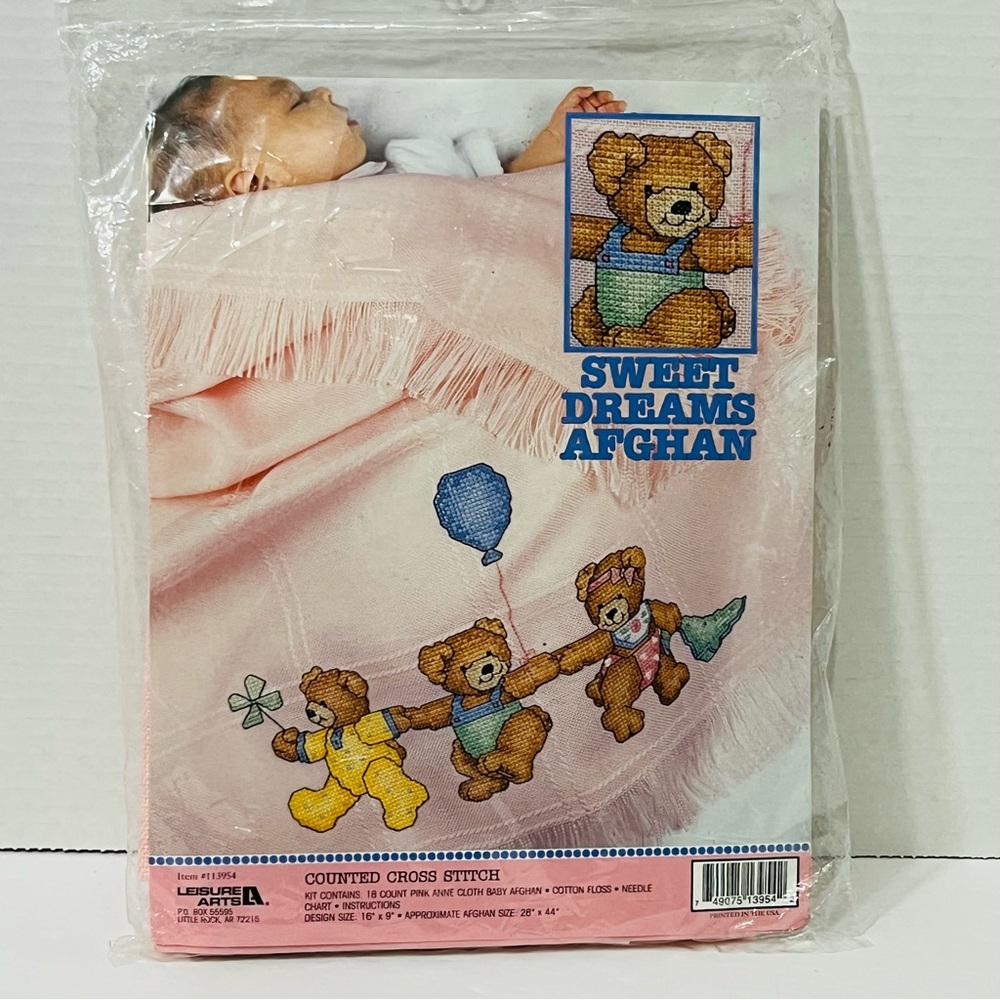 Anne Cloth Baby Afghan BEARS Counted Cross Stitch Kit Pink #113954 Leisure Arts